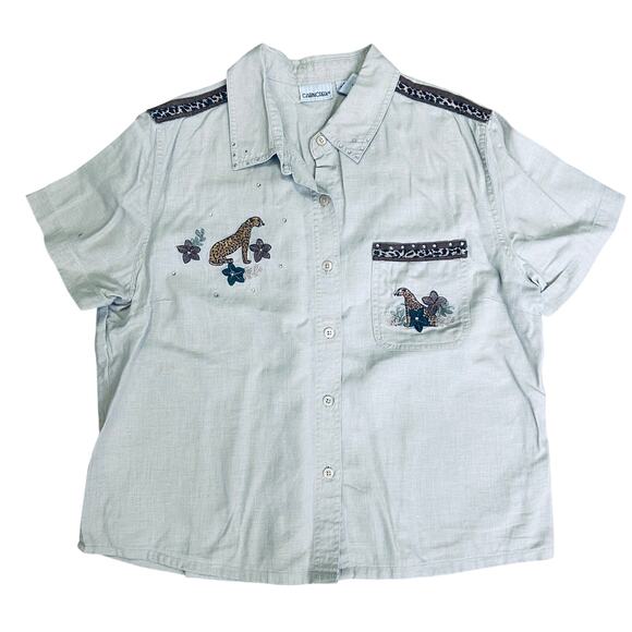 Vintage Safari Shirt Button Up Linen Blouse Animal Print Rhinestone Cabin Creek - Picture 1 of 9